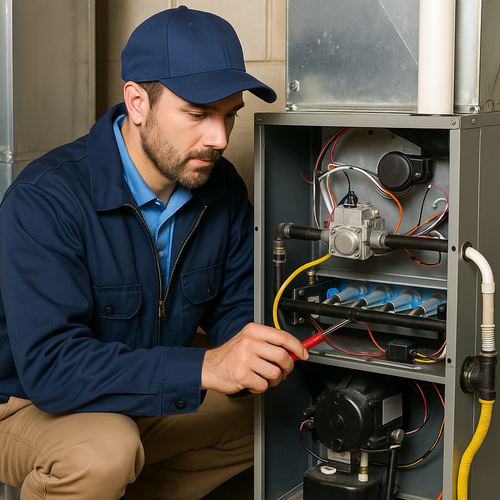 heating services, tech repairing a furnace