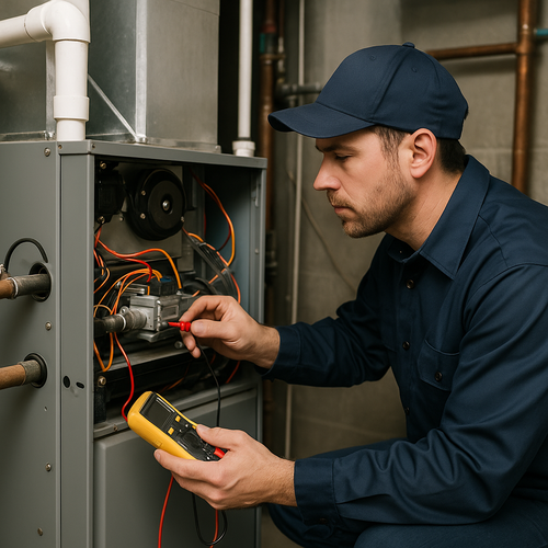 tech maintaining and repairing a furnace